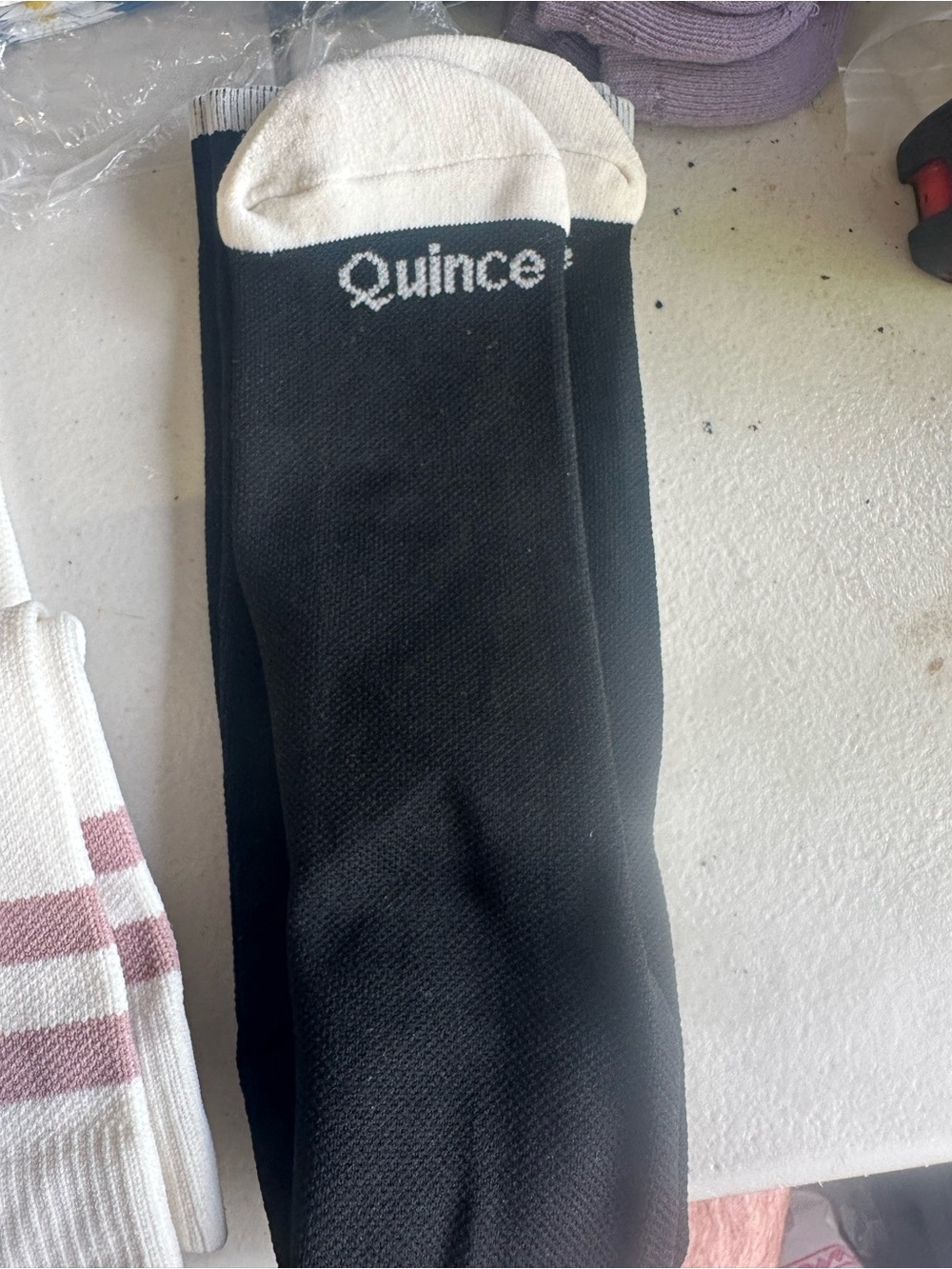 Quince Black Socks with Cream Toe and Logo